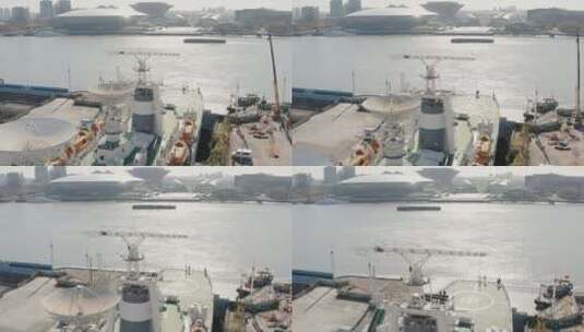 4K航拍中国上海停靠在滨江退役的远望号06高清在线视频素材下载