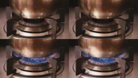 煤气炉灶台点火做饭锅具高清在线视频素材下载