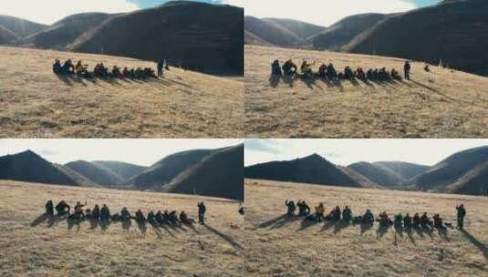 西藏风光秋季金黄草地上西藏游客摄影爱好者高清在线视频素材下载