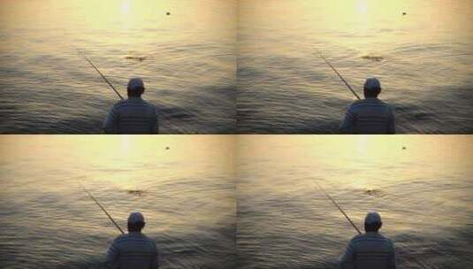 一名男子在傍晚垂钓一条鱼_高清在线视频素材下载
