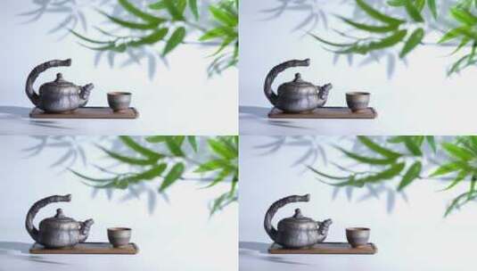 竹叶下的茶壶与茶杯高清在线视频素材下载