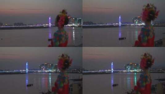 泉州浔埔女人看晋江大桥东海泰禾风景蟳蜅村高清在线视频素材下载