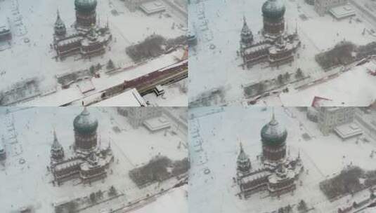 哈尔滨索菲亚教堂雪景航拍高清在线视频素材下载
