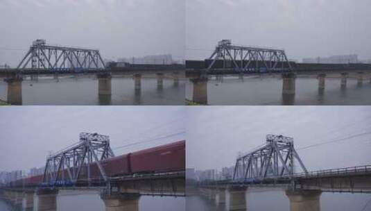 货运火车列车行驶在铁路大桥上合集高清在线视频素材下载