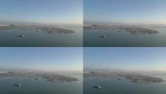 厦门环东海域晨光中的海边和城市建筑航拍高清在线视频素材下载