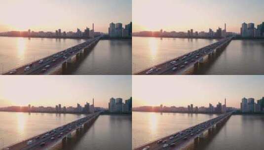 杭州西兴大桥唯美夕阳航拍高清在线视频素材下载