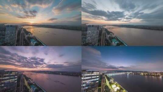 杭州钱塘江城市风光日落转夜延时摄影高清在线视频素材下载