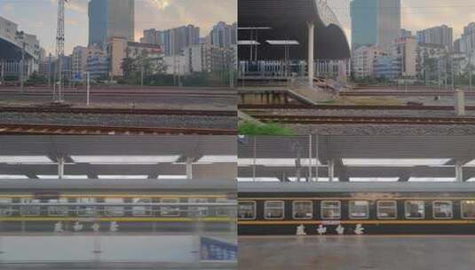 黄昏日落时分的福建福州站进站的高铁动车高清在线视频素材下载