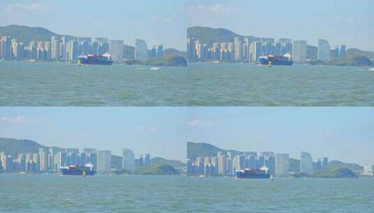 福建厦门港海域出港的集装箱货轮高清在线视频素材下载