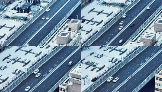 辽宁沈阳冬季雪天城市街道马路航拍高清在线视频素材下载