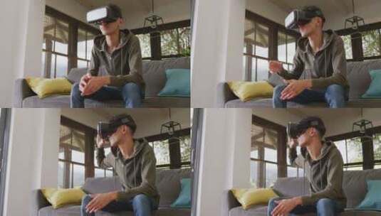 男孩在家里使用VR耳机高清在线视频素材下载