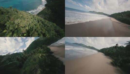 FPV航拍海边海浪沙滩森林椰子树林高清在线视频素材下载