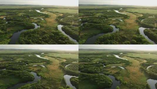 航拍大兴安岭湿地河流风景高清在线视频素材下载