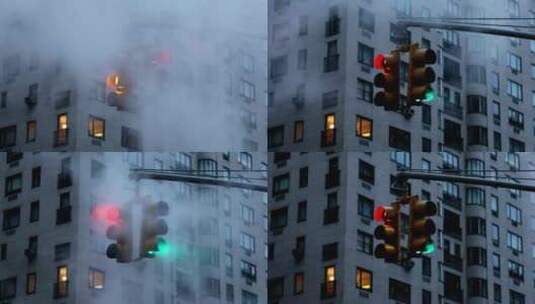 烟雾下的城市交通红绿灯高清在线视频素材下载