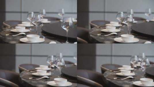 新中式餐厅内餐桌大圆桌和餐具高清在线视频素材下载