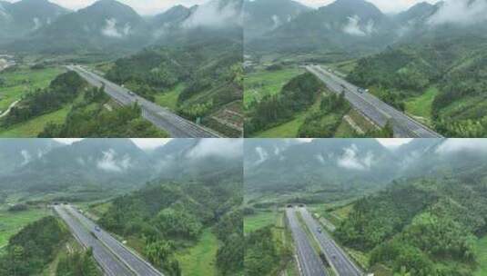 高速公路航拍森林公路云雾道路雨后隧道公路高清在线视频素材下载