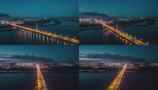 辽宁盘锦大桥夜景航拍高清在线视频素材下载