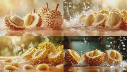 成熟黄榴莲水果热带水果流动的水广告宣传片高清在线视频素材下载