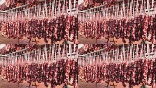 户外晾晒香肠腊肠制作新年春节肉制品年货高清在线视频素材下载