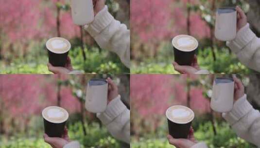 樱花树下咖啡师制作咖啡拉花升格慢镜高清在线视频素材下载