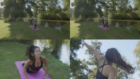 户外湖边草坪瑜伽锻炼4K视频_高清在线视频素材下载