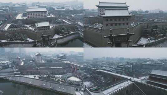 西安城墙南门永宁门雪景航拍合集高清在线视频素材下载