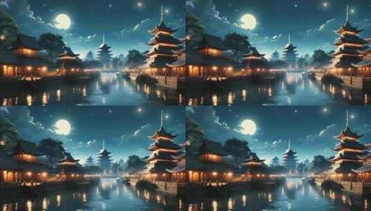 中式明月城镇动画高清在线视频素材下载