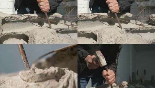 雕塑师开凿石材高清在线视频素材下载