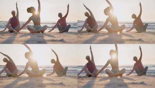 海滩瑜伽课，日落和教练教练正念姿势，伸展高清在线视频素材下载