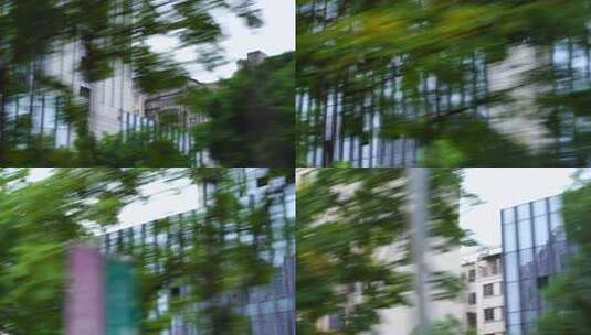 车窗外城市建筑风光车侧窗树林快速模糊树影高清在线视频素材下载