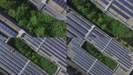 屋顶上的光伏发电站和院子里的树木高清在线视频素材下载