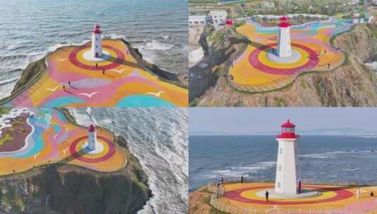 大连海边彩色平台上的白色灯塔高清在线视频素材下载