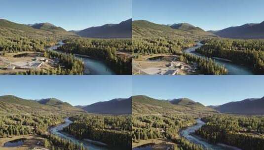 新疆阿勒泰喀纳斯河碧水蓝天航拍高清在线视频素材下载