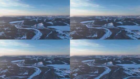 航拍呼伦贝尔冬季雪原河湾暮色高清在线视频素材下载