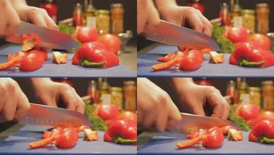 用刀在桌子上切甜椒高清在线视频素材下载
