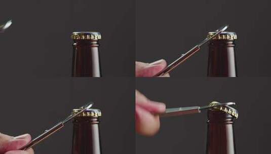 开瓶器开启啤酒盖的瞬间特写高清在线视频素材下载
