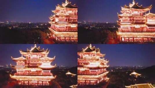 航拍杭州吴山城隍阁建筑夜景视频高清在线视频素材下载