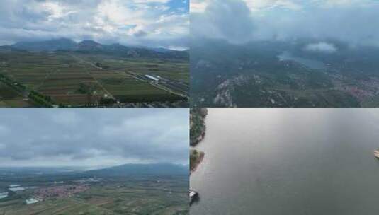 航拍威海岠嵎山风景区院里水库山水风景云雾高清在线视频素材下载