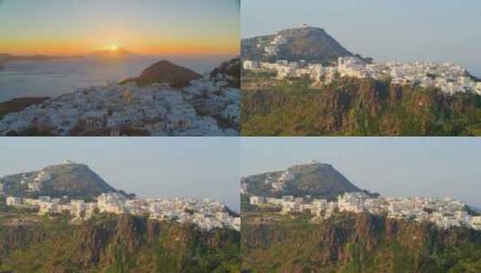 城市航拍海边城市希腊米洛斯海岛日落天际线高清在线视频素材下载