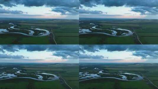 航拍海拉尔河湿地风景暮色落日余晖高清在线视频素材下载