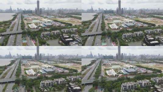 深圳滨海大道旁的超级总部基地建筑工地航拍高清在线视频素材下载