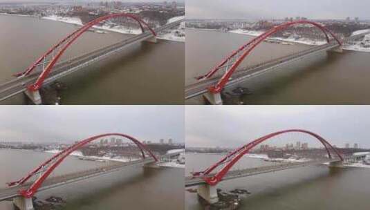 红色跨海大桥的航拍视角高清在线视频素材下载