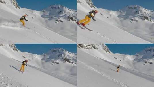 晴天高山滑雪女子在滑雪坡上大转弯的视频高清在线视频素材下载