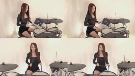 美女表演打击乐美女鼓手在家演奏打击乐高清在线视频素材下载