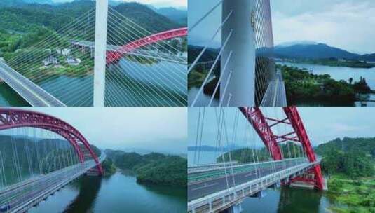 黄山太平湖双桥 壮观桥梁航拍 车辆桥上行驶高清在线视频素材下载