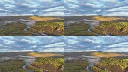 晨雾迷漫的金色森林蓝色河流高清在线视频素材下载