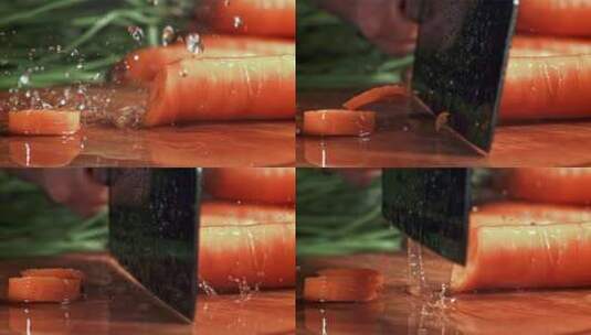 菜刀将胡萝卜切开慢动作高清在线视频素材下载