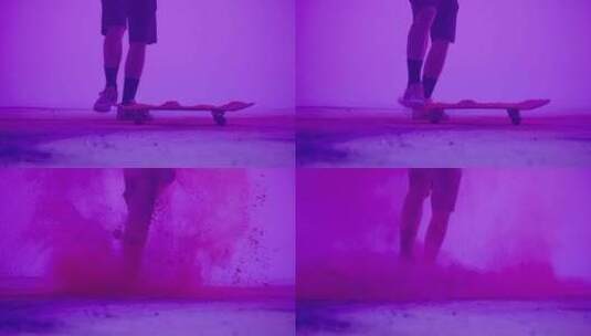 极限运动滑板艺术结合彩色粉末飞溅高清在线视频素材下载