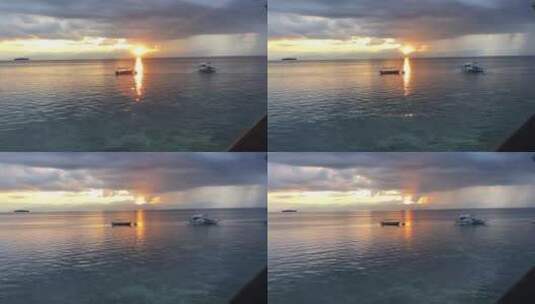 实拍日落时停泊在海湾的木船高清在线视频素材下载