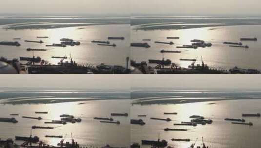 日落晚霞湖面船只倒影波光航拍高清在线视频素材下载